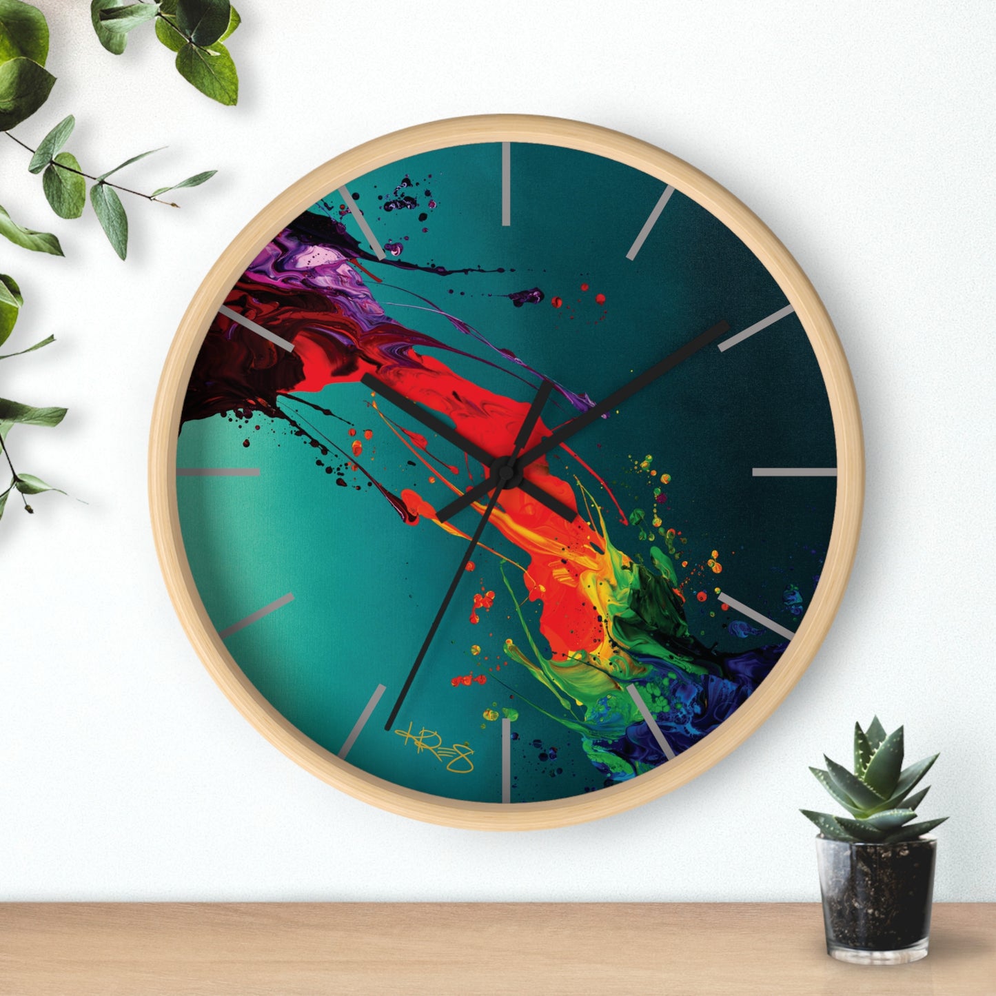 Teal Abstract Kre8 Wooden Frame Wall Clock